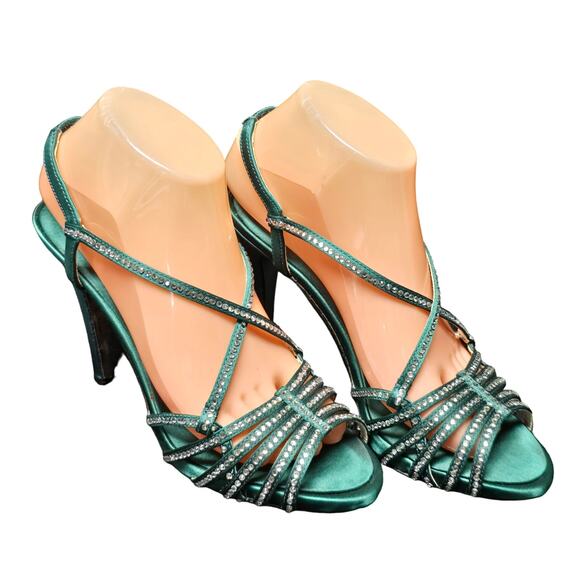 E! Live From The Red Carpet Emerald Green Rhinestone Strap Peep Toe High Heel - Picture 3 of 11